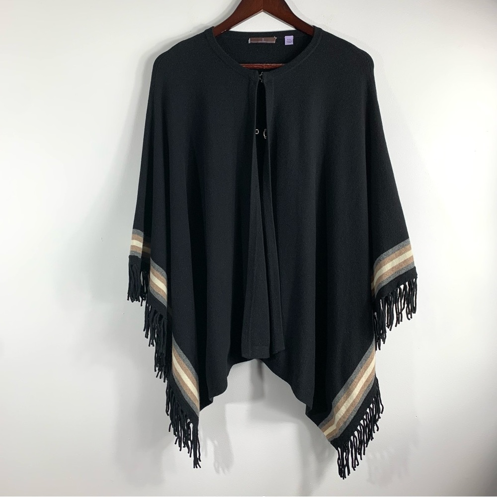 Cullen Black Fringe Fine Wool & Cashmere Poncho Style Sweater